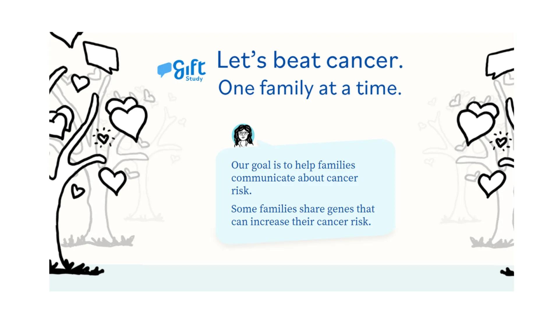 Let's beat cancer One family at a time. Our goal is to help families communicate about cancer risk. Some families share genes that can increase their cancer risk.