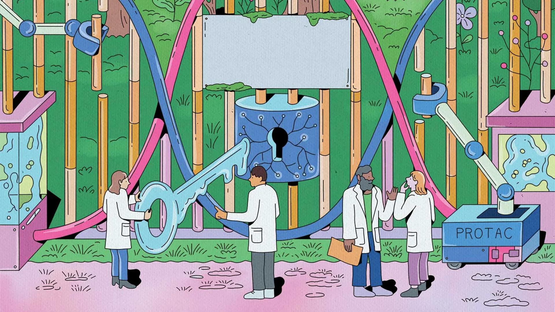 Illustration of scientists putting in a key to unlock a discovery