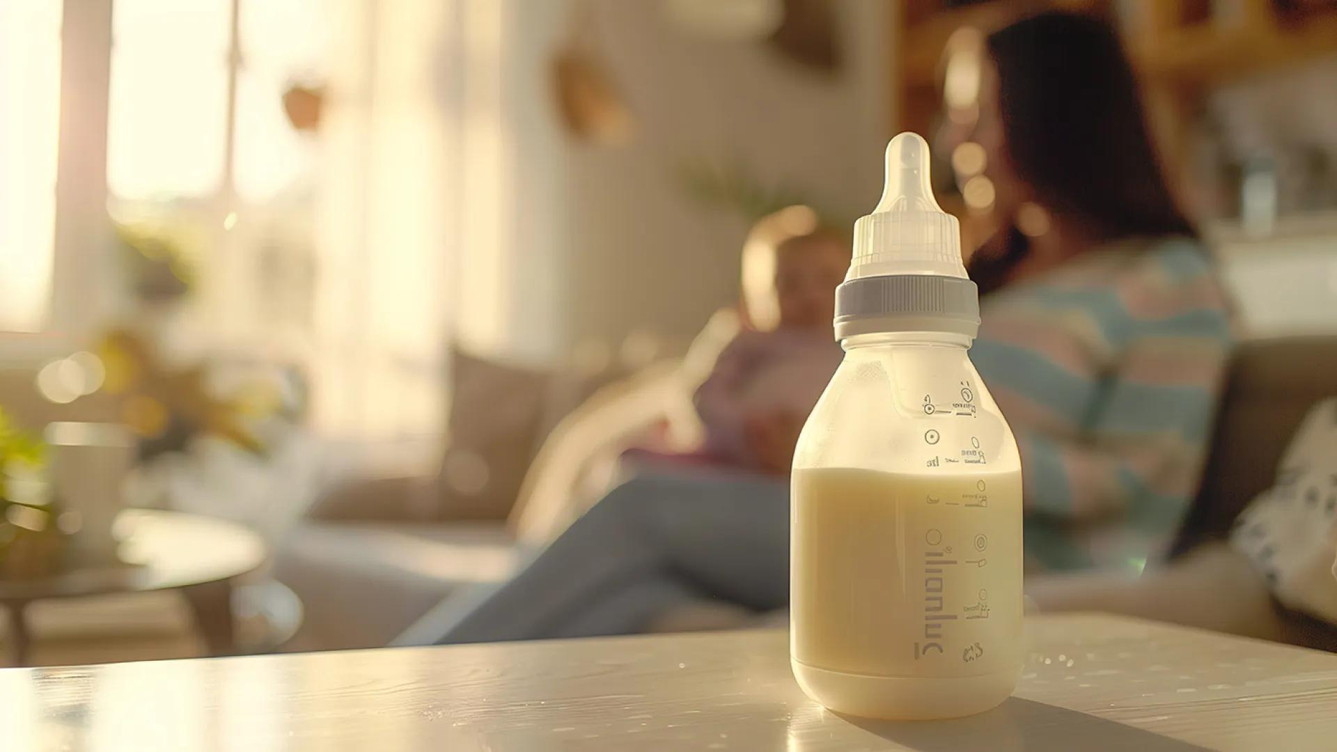 a mother and child in a room with a baby bottle in the foreground of the photo