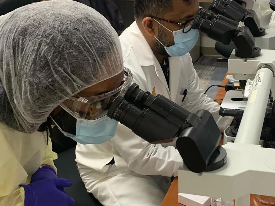 resident looking though microscope during clinical rotations 