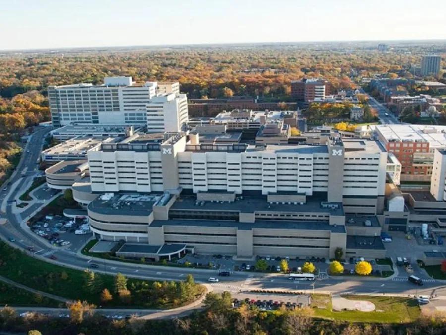 Aerial view of University of Michigan Health hospital in Ann Arbor, Michigan.