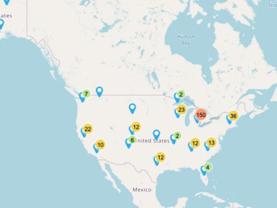 US map with number overlays