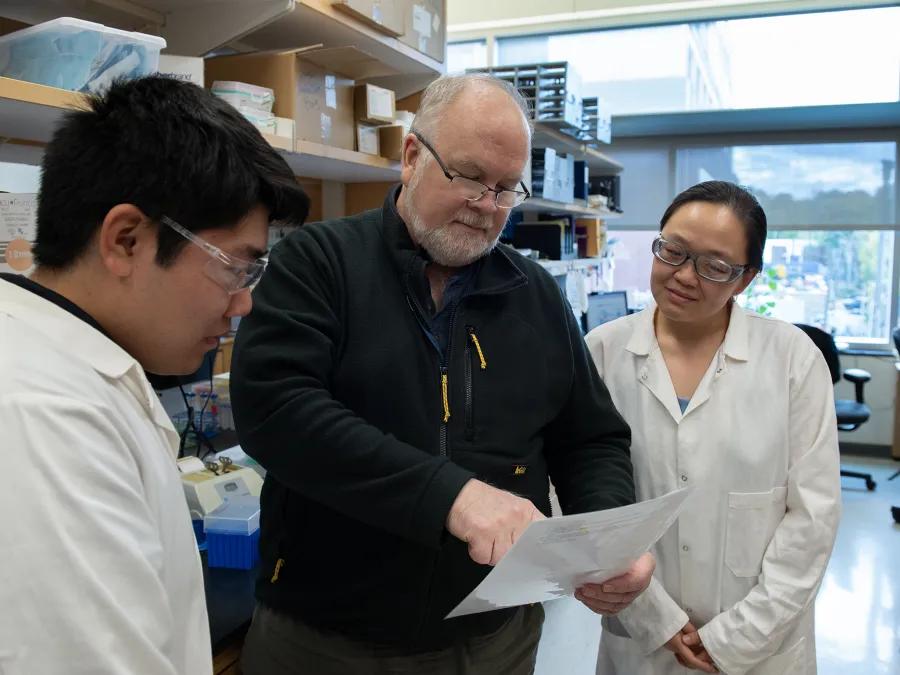 Dr. O'Rourke and lab personnel reading a document