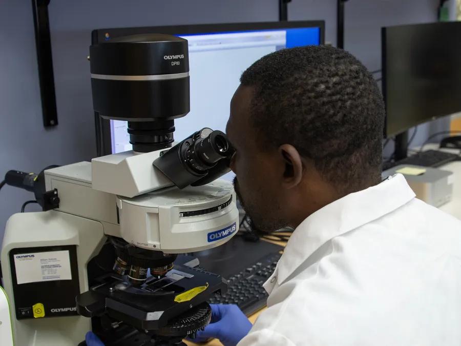 Lab member working with equipment in the lab