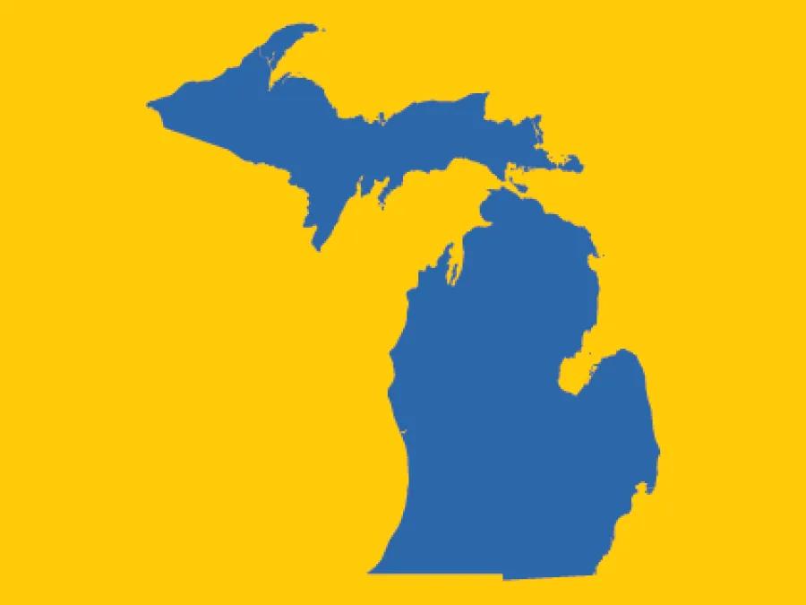 blue state of michigan on a maize background
