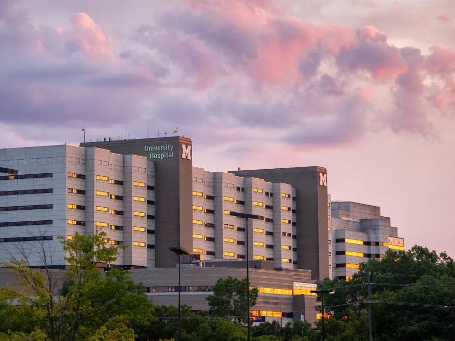Sunset photo of the exterior of University Hospital
