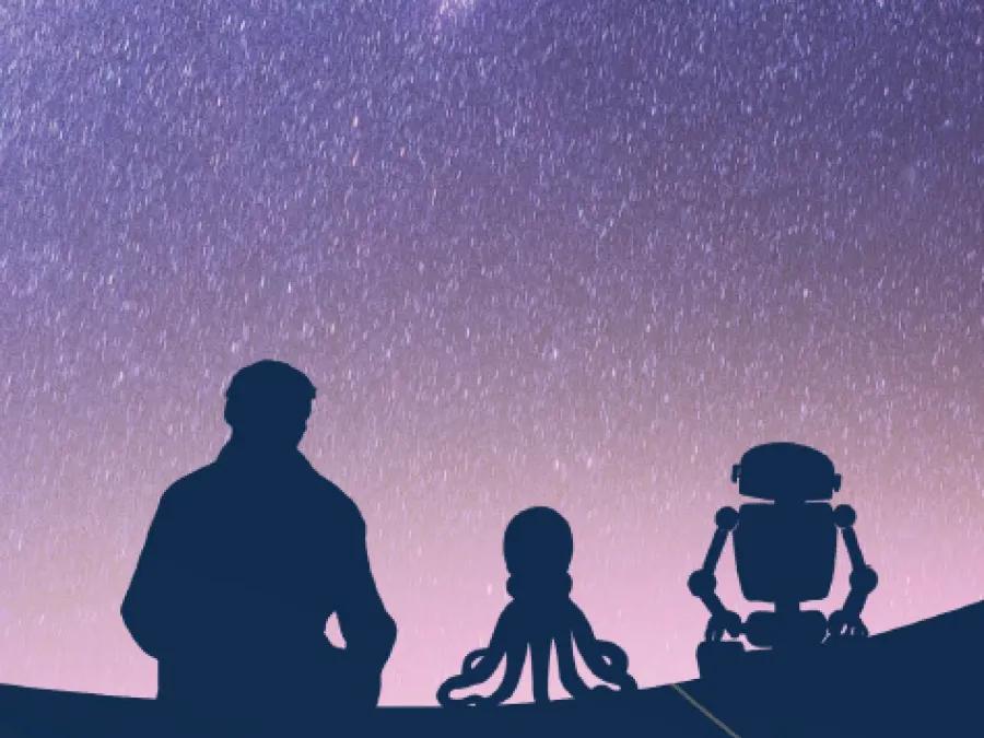 Image of a person sitting next to a robot and an extraterrestrial looking at the night sky