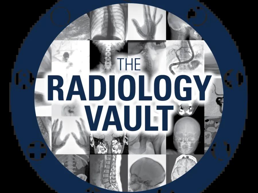 Circular graphic titled 'The Radiology Vault' featuring a background collage of X-ray images and medical icons in the surrounding border