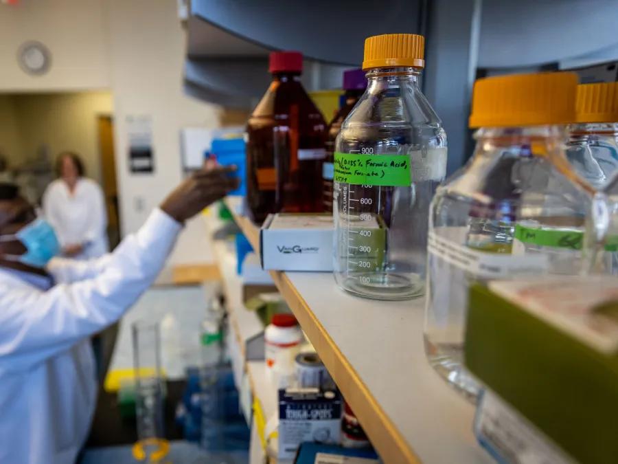 Soft focus image of scientist working at laboratory bench 