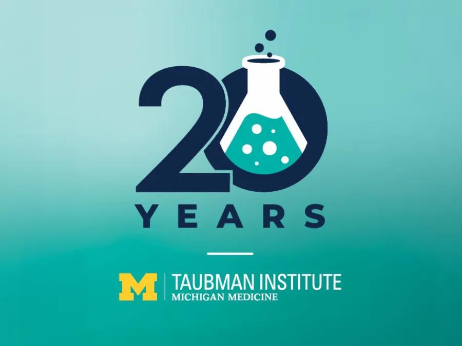 Taubman Institute's 20-year celebration logo on teal background with block M signature 