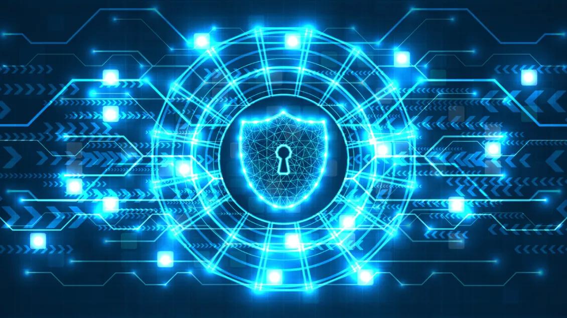 Photo of data being represented by blue code and a shield in the center representing security