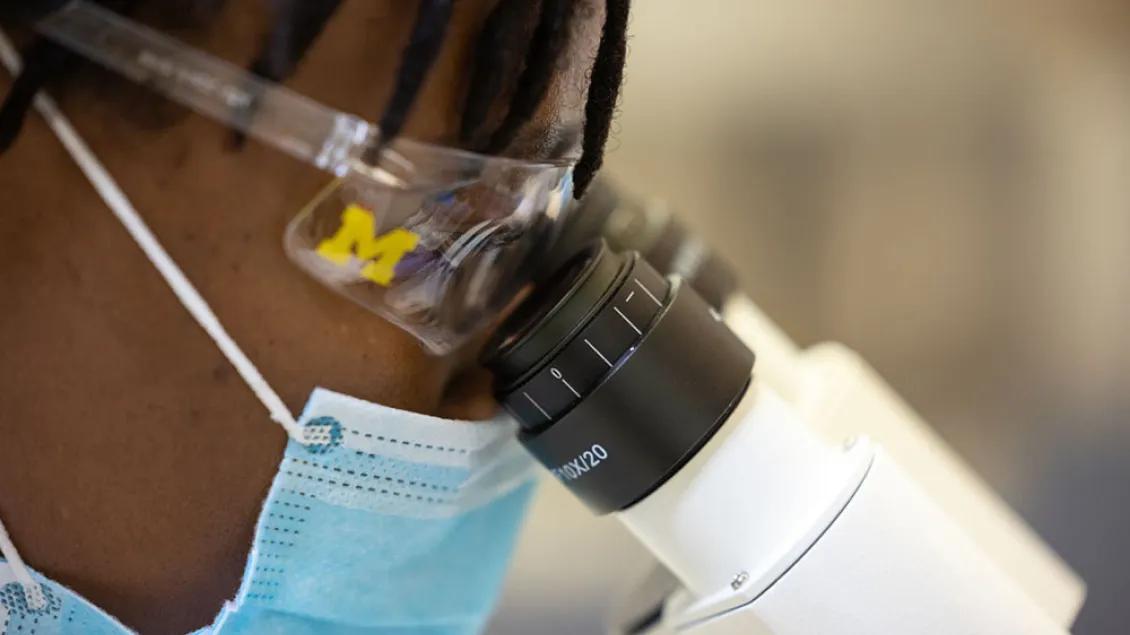 researcher using a microscope