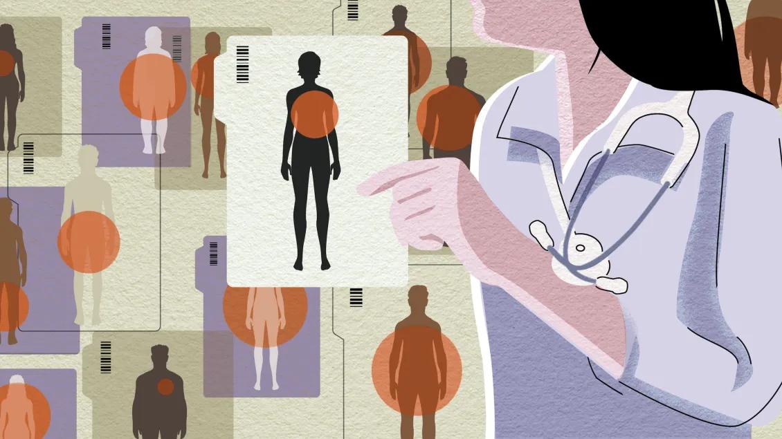 Illustration of a doctor with dark hair holding a chart showing a silhouette and orange circle, surrounded by similar medical files.
