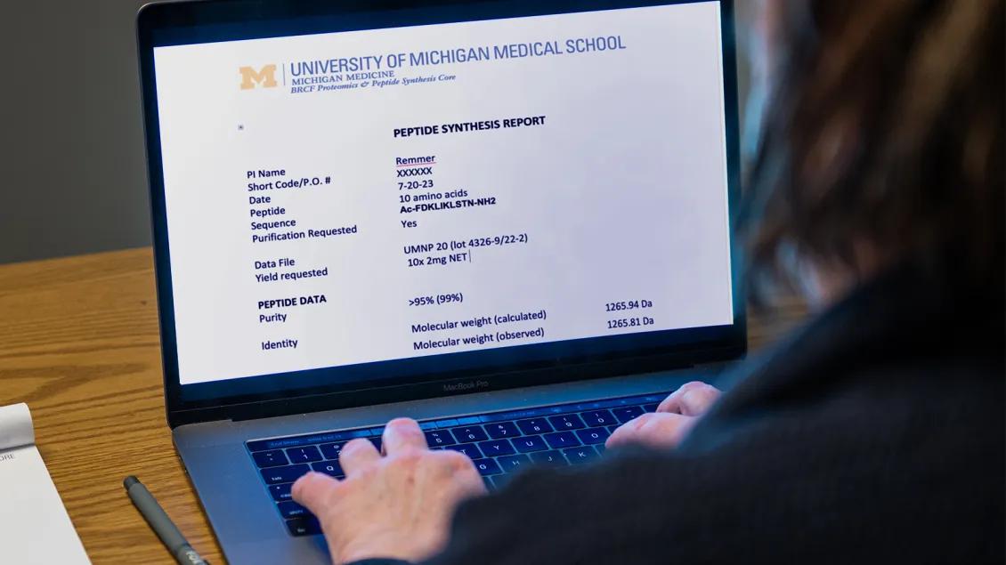 person working on a laptop with peptide synthesis on screen