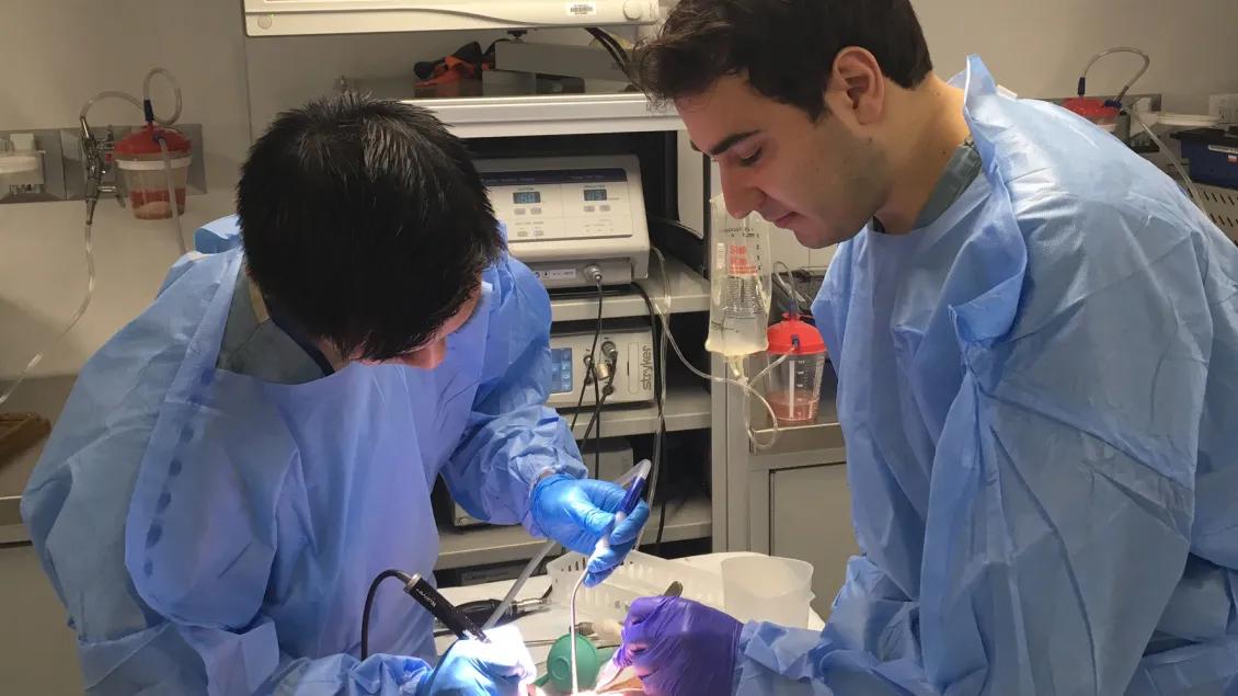students in scrubs on operating table
