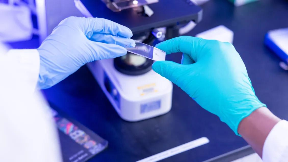 Two gloved hands hold a microscope slide above a lab bench with a microscope in the background.