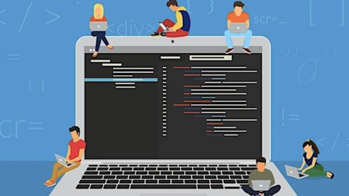 An illustration of a very large laptop and several figures sitting around the edges in a variety of poses.