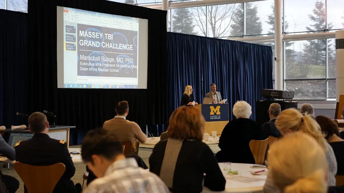 Dr. Kevin Ward speaking to the audience at the Massey TBI Grand Challenge kickoff event.