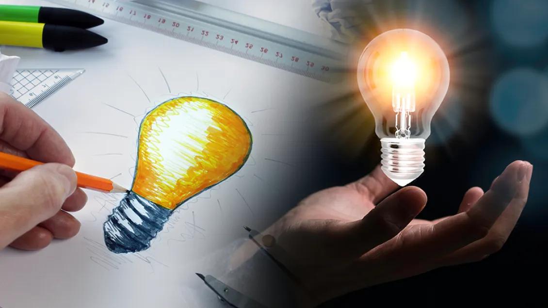 Person drawing a lightbulb next to a person holding a lightbulb, representing the path from an idea to a tangible product. 