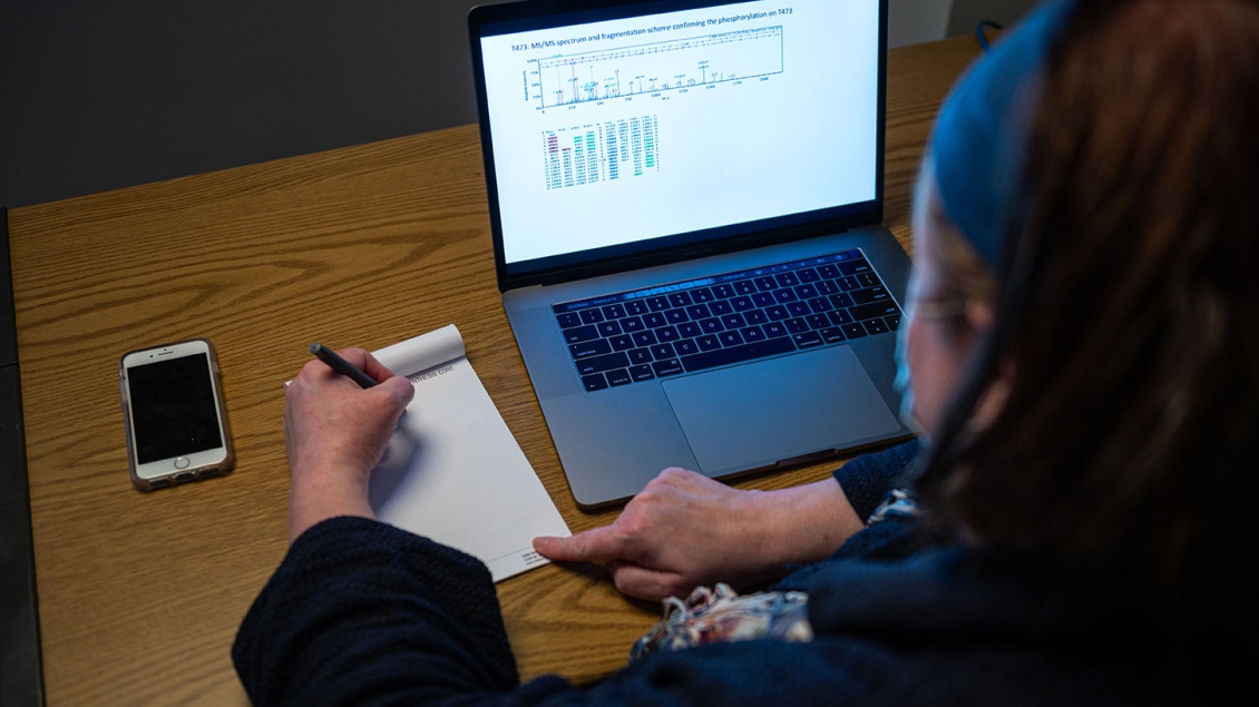 A researcher sits at a laptop, reviewing data.