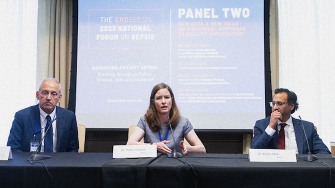 Three people speaking at a panel