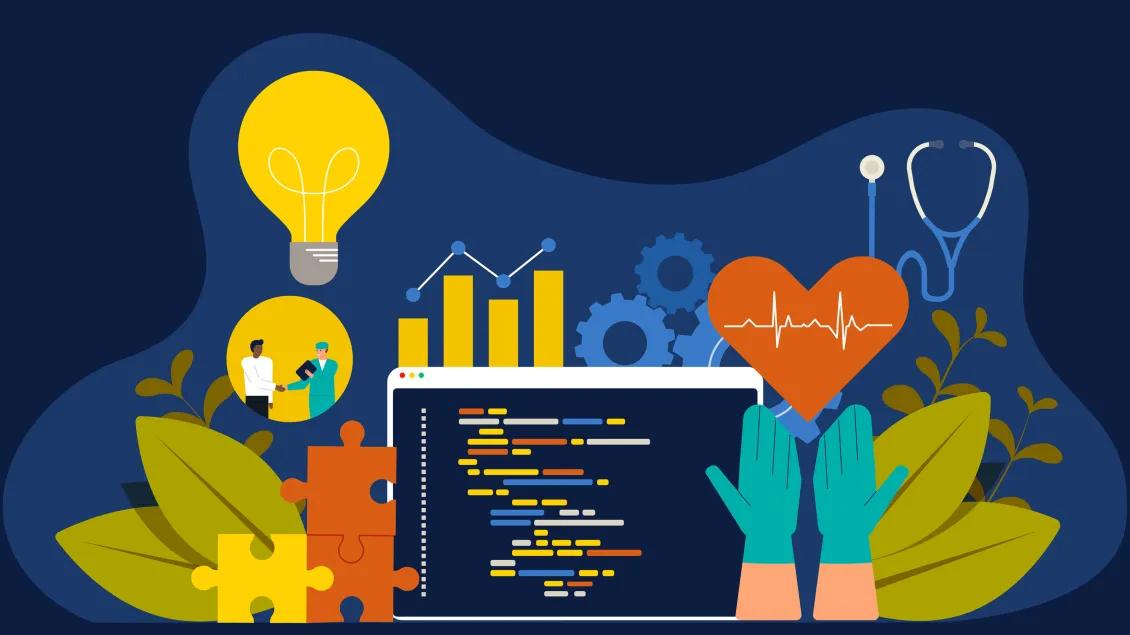 A laptop surrounded by a light bulb, a heart, and various other items, symbolizing creativity and innovation.