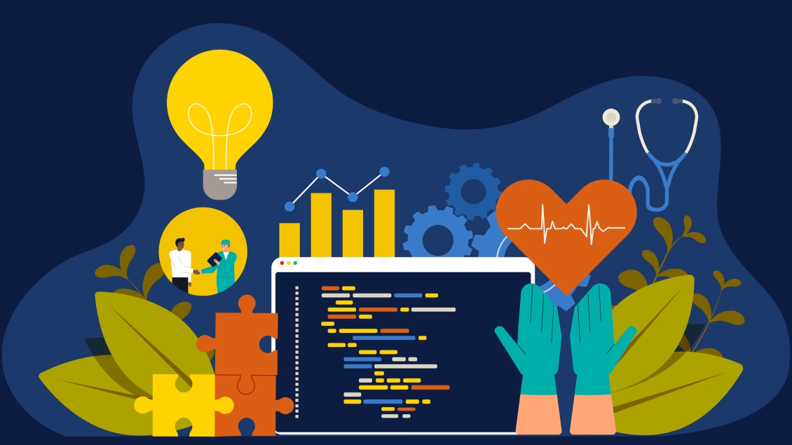 A laptop surrounded by a light bulb, a heart, and various other items, symbolizing creativity and innovation.