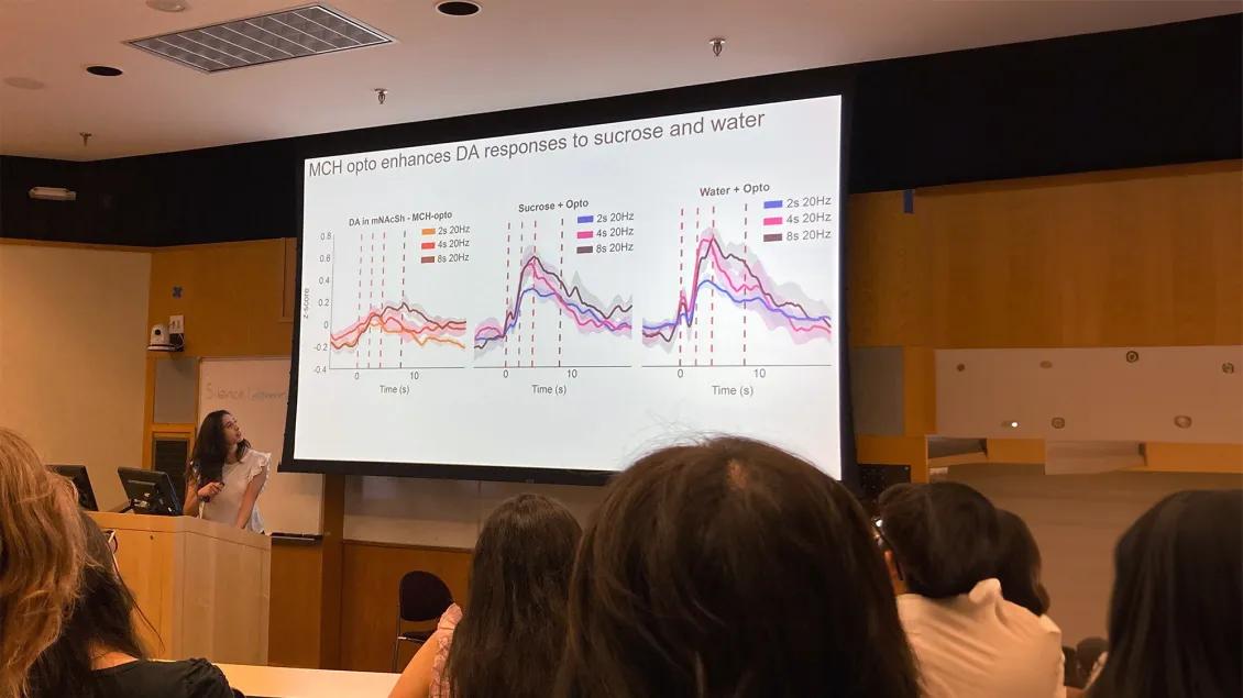 woman presenting data at a seminar
