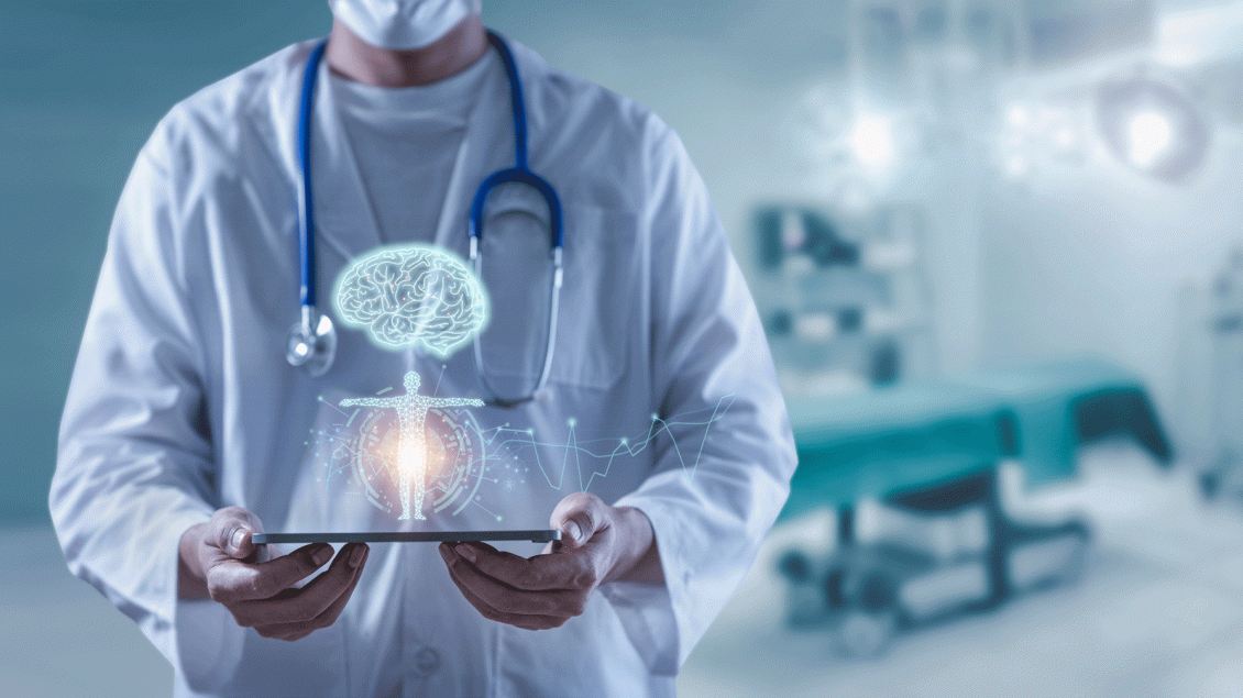 Physician holding tablet with projection of brain & anatomy visually appearing above