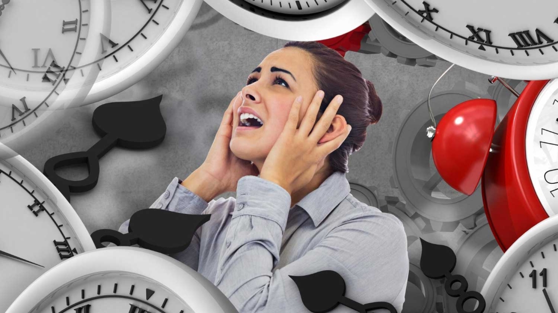 Person in pain surrounded by clocks