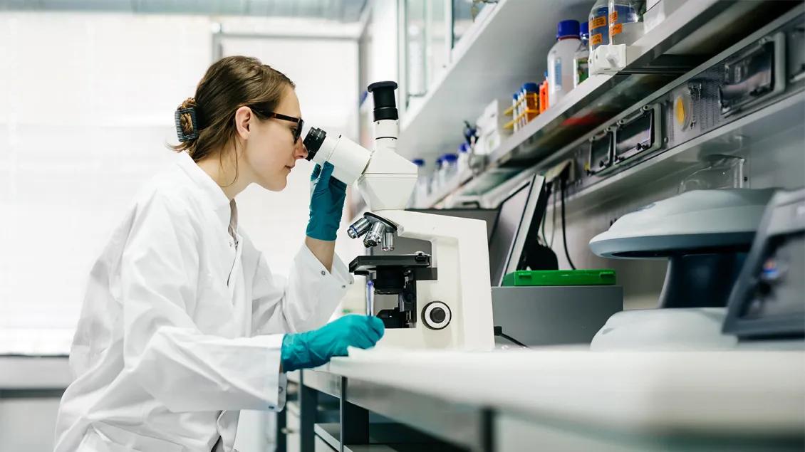 researcher in lab looking into microscope