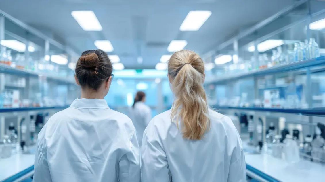 Two female scientists in a well stocked lab