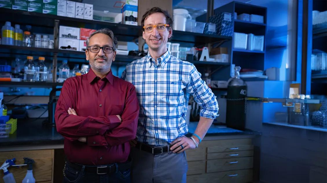 Venneti and Koschmann posing for a photo in the lab