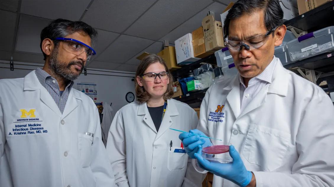 Infectious diseases doctors looking at slide
