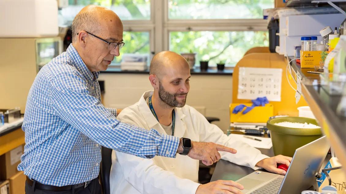 two researchers working in a lab, looking at a computer