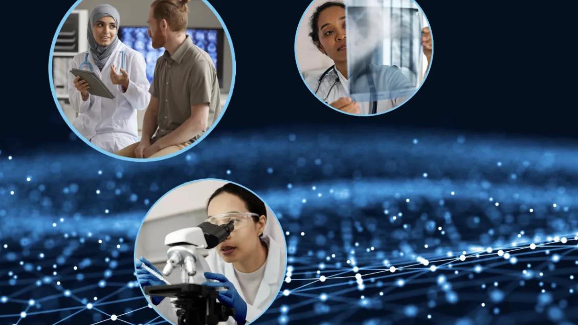 Three circular images depict scientists: one discussing research, another examining a slide, and the third using a microscope.