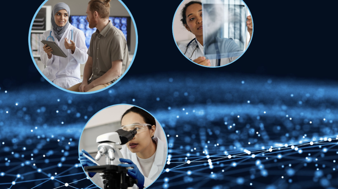 Three circular images depict scientists: one discussing research, another examining a slide, and the third using a microscope.