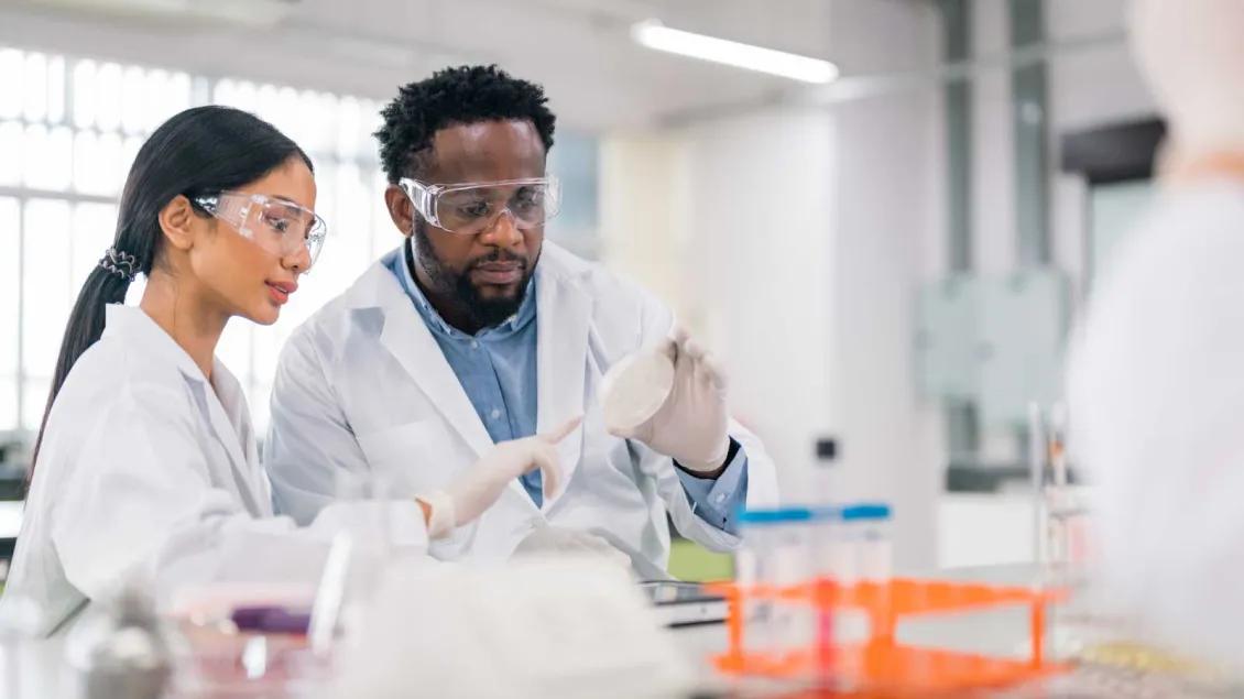 Two scientists in lab coats and safety goggles examine a petri dish in a bright, modern laboratory setting. Laboratory equipment and test tubes are visible in the foreground.