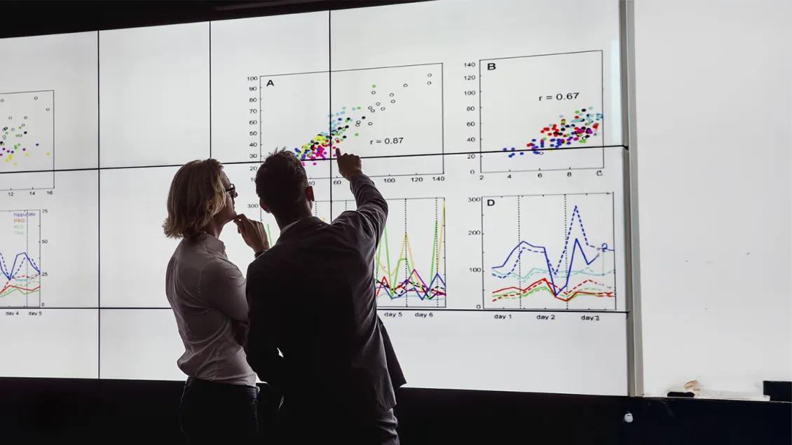 two people looking at data presentation