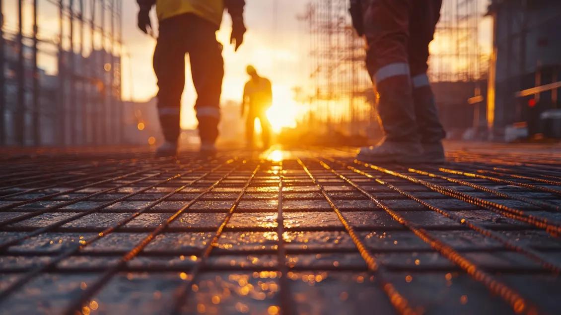Construction worker finish for the day while the sunsets in front of them
