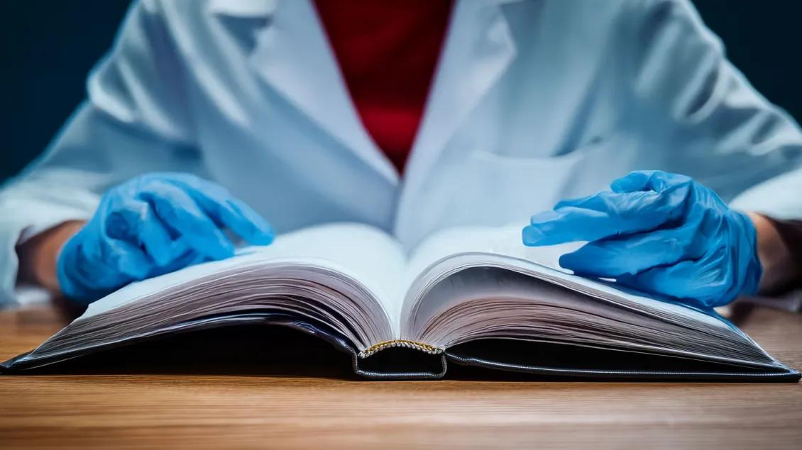 Researcher with gloves on reading a book