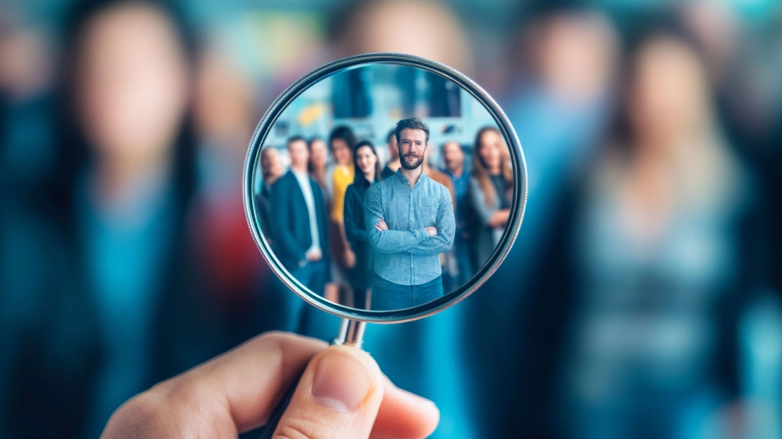 A person holds a magnifying glass focused on a man standing confidently with arms crossed in a group of people. 