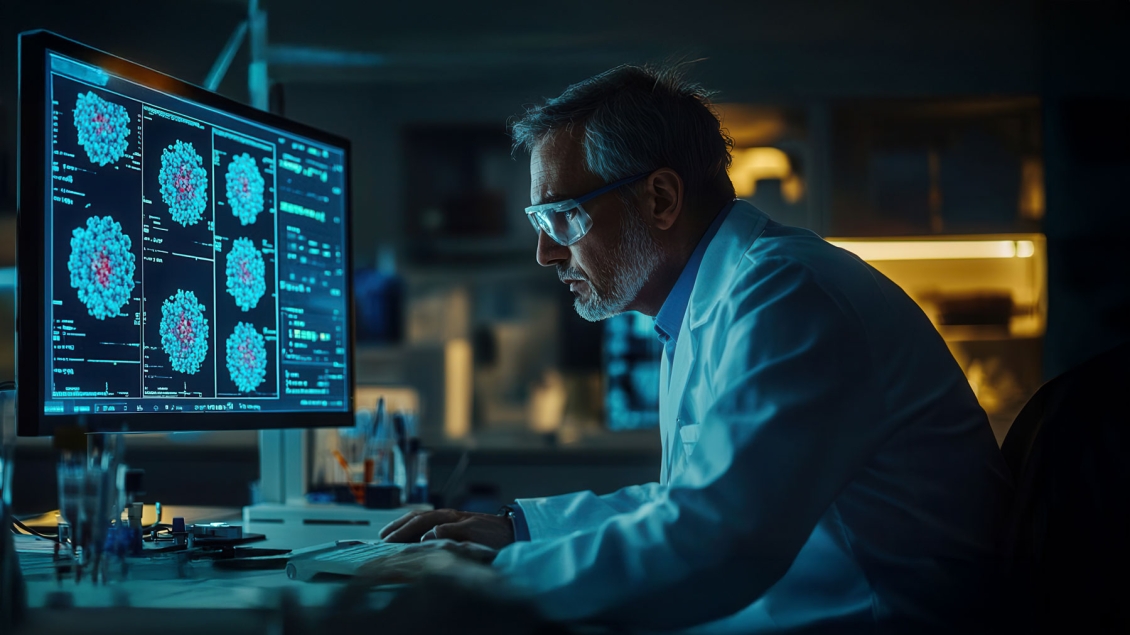 A scientist wearing safety glasses and a lab coat works intently at a computer in a dimly lit laboratory. The screen displays detailed 3D models of molecular or viral structures in blue and red, with data panels surrounding them. Laboratory equipment and warm ambient lighting are visible in the background