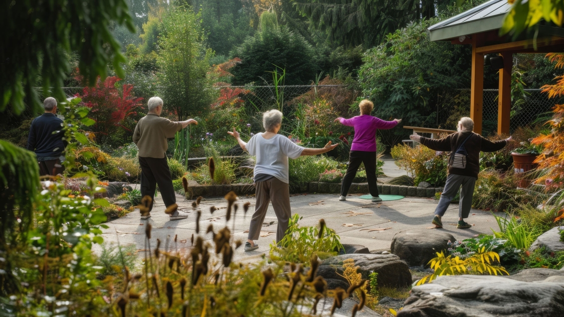 Seniors doing tai chi in a garden setting with a tea house to the right side