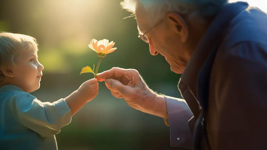 A young boy gives a flower to his grandfather