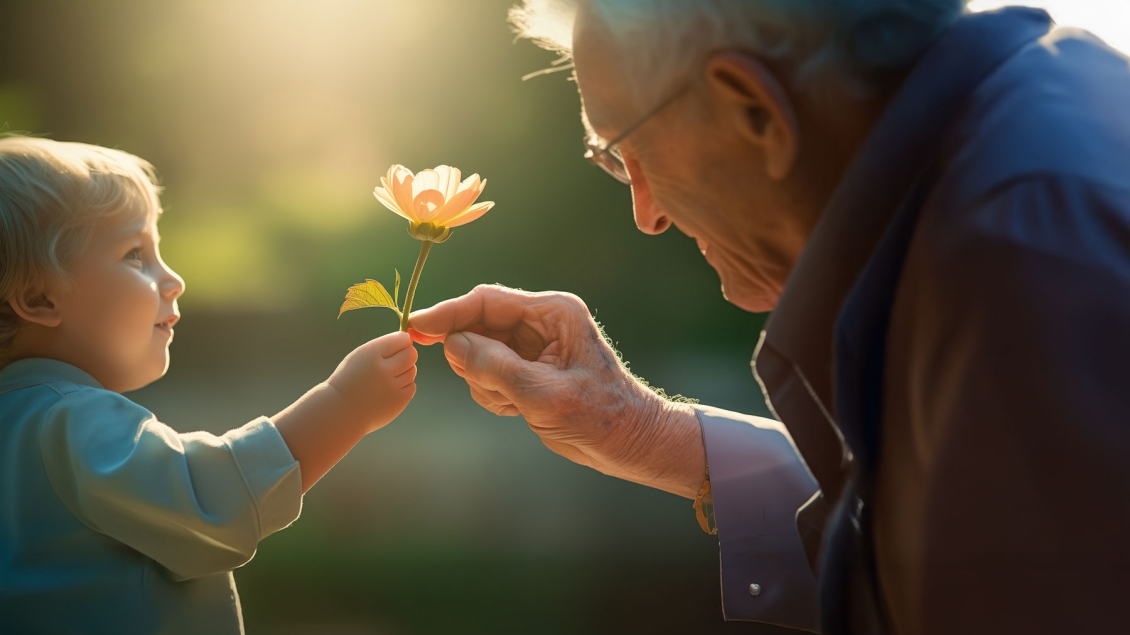 A young boy gives a flower to his grandfather