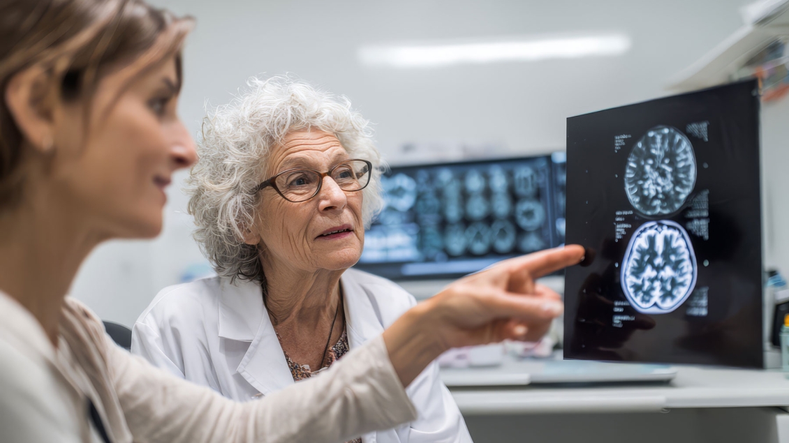 Female scientist shows brain images on screen to a senior research participant
