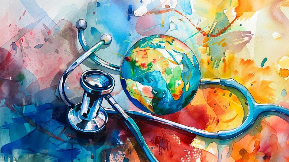 An illustration of a stethoscope and a globe