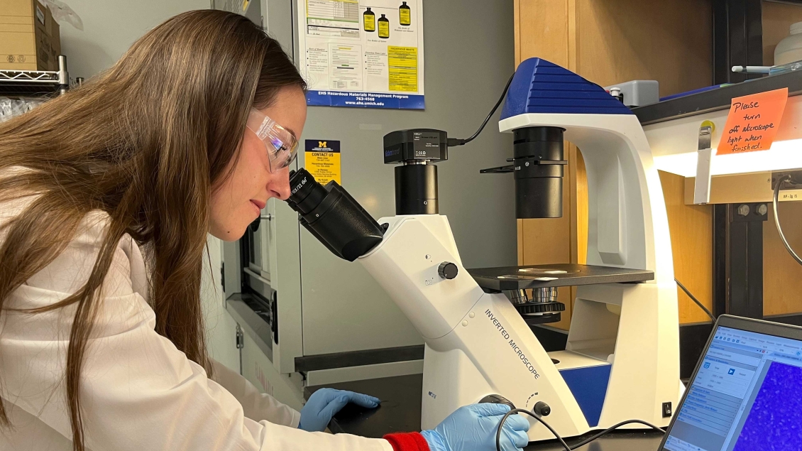 Lab member working with microscope