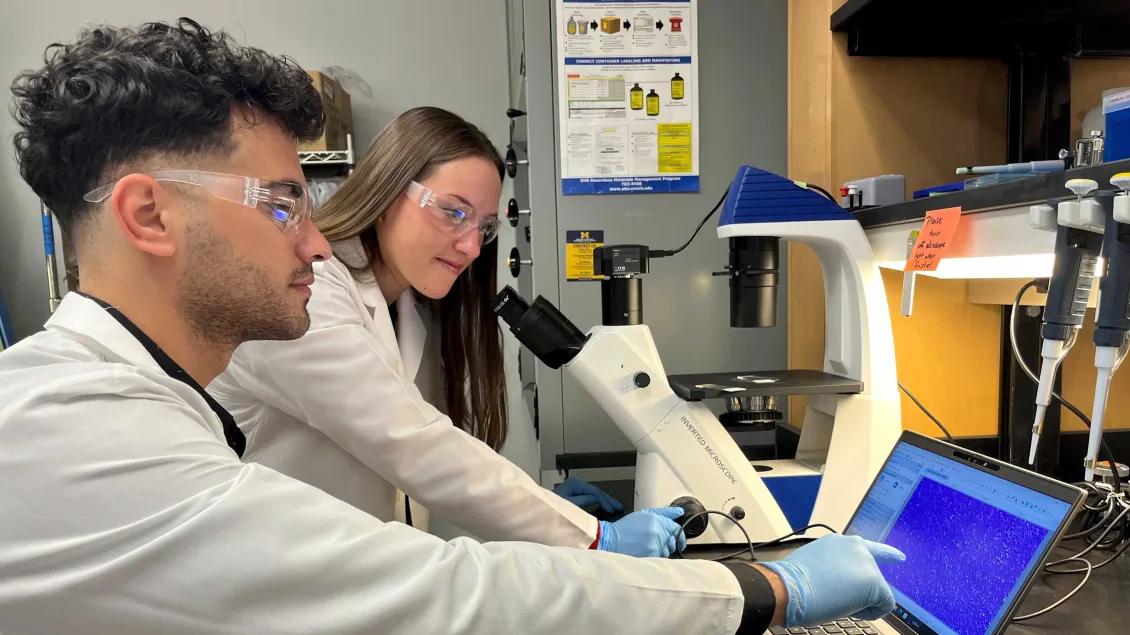 Lab members working with a microscope and laptop